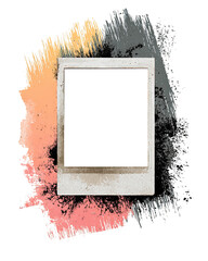 Blank instant photo frame, surrounded by abstract paint splatter in soft color gradients