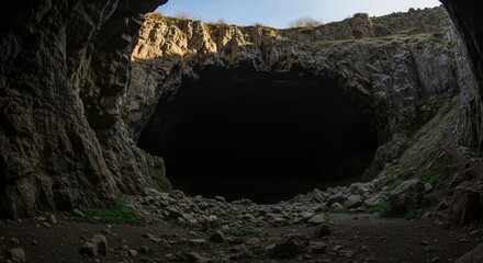 Vast, dark cavern opening into a mysterious interior, showcasing rugged rock formations.