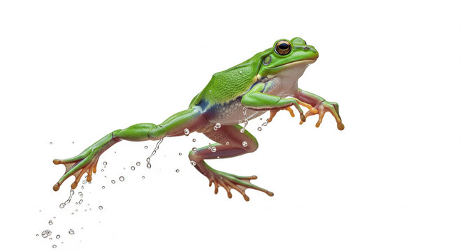 Dynamic Green Frog Jumping and Splashing Water with Motion on an Isolated transparent background