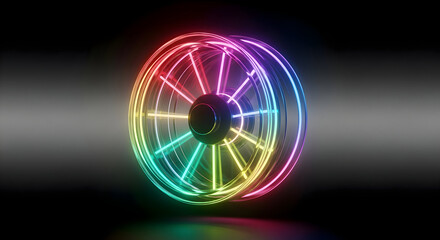 Dynamic rainbow light wheel spins forward with futuristic energy and vibrant motion