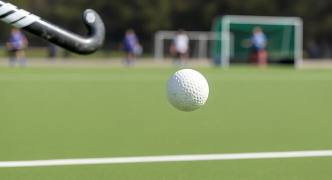 Hockey Action: A dynamic field hockey scene captures the moment a stick strikes the ball with precision, showcasing the speed and skill of the sport.