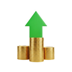 Green arrow symbolizing financial growth ascending stacked gold coins transparent background