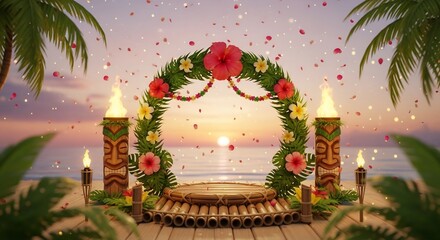 Tropical island wedding arch with hibiscus, tiki torches, and sunset. Ideal for Hawaiian themes, luau parties, or summer beach events. Evokes romance and celebration.