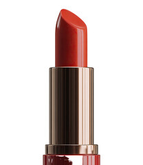 Close-up of a coral-red lipstick in a metallic rose-gold tube