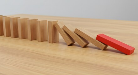 Red Block Halts a Chain Reaction of Falling Wooden Dominoes