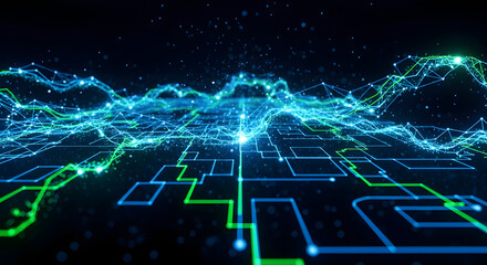Digital Network Visual: An intricate network of glowing lines and nodes, with dynamic connections and data streams, embodies the essence of connectivity, technology, and digital innovation.