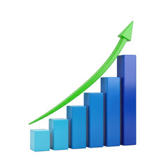 Green arrow curve over blue bar chart showing upward trend and growth transparent background