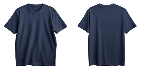 Front and back view of a navy blue, plain, short-sleeve t-shirt (1)