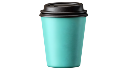 Teal travel mug with dark lid isolated on transparent background