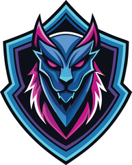 A blue and pink wolf head emblem on a shield, symbolizing strength and protection
