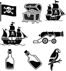 Pirate Adventure and Treasure Icons in Silhouette: Skull Flag, Pirate Ship, Cannon, Treasure Chest, and Parrot for Fantasy and Fun Concepts.