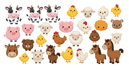 Obraz premium A collection of cute, cartoon farm animals arranged on a white background, showcasing adorable depictions of cows, pigs, sheep, chickens, horses, and more.