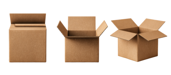 Three cardboard boxes, various open states