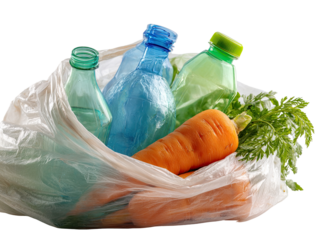 Plastic bags overflowing with recyclable bottles and a carrot