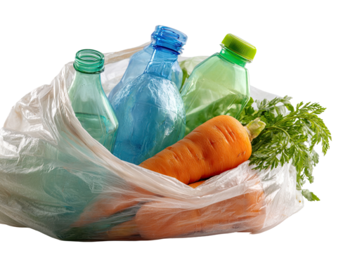Plastic bags overflowing with recyclable bottles and a carrot
