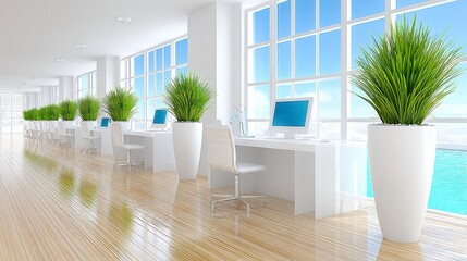 Naklejka premium Bright Modern Office Interior with Ocean View