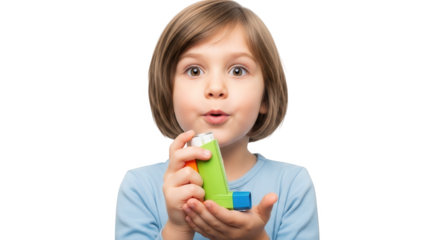 A Young Child Holding an Inhaler for Asthma Treatment with a Concerned Expression on a Transparent Background with Colorful Confetti Falling Down