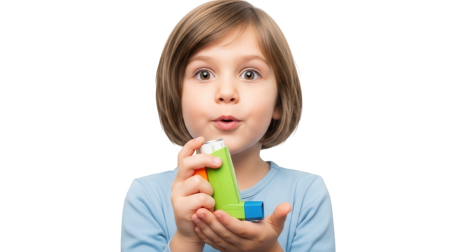 A Young Child Holding an Inhaler for Asthma Treatment with a Concerned Expression on a Transparent Background with Colorful Confetti Falling Down