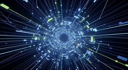 Abstract digital tunnel with glowing lines and shapes creating a futuristic cyberspace