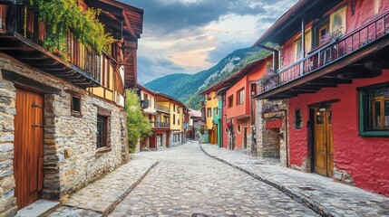 Fototapeta premium Charming Cobblestone Street in a Picturesque European Village on Hill