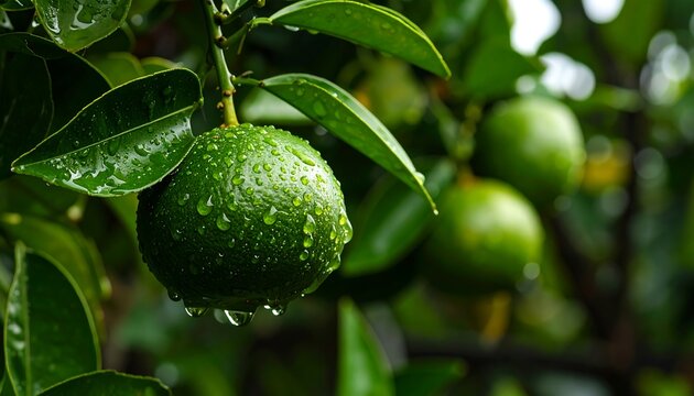 Close-up of wet limes on a tree branch. Lush green leaves and fruits