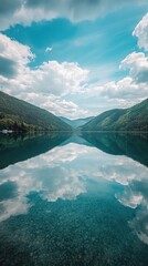 Naklejka premium A lake with a reflection of the mountains in the water