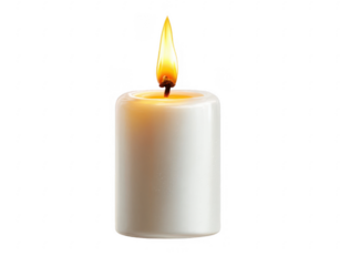 Close up of a single white candle burning with a bright flame against a black background
