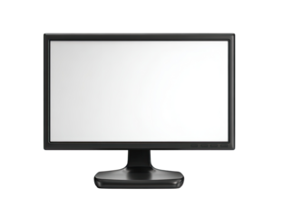 A black computer monitor with a blank white screen.  It has a rectangular shape, and a dark gray or black stand.  The screen is centered and is the main focus of the image