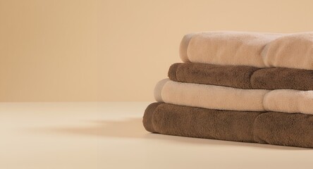 Stack of Soft Brown and Beige Bath Towels on Neutral Background