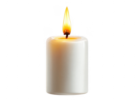Close up of a single white candle burning with a bright flame against a black background