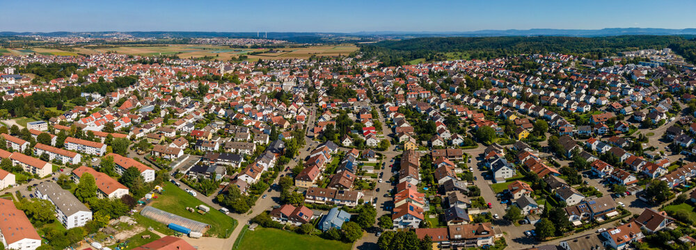 Aerial view around the old town of the city Neuhausen auf den Fildern, Germany on a sunny spring day