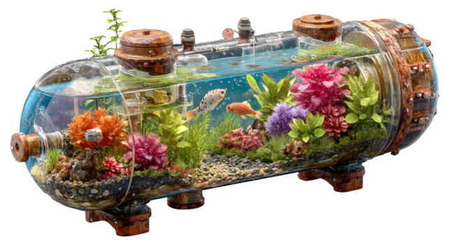 Steampunk Submarine Aquarium isolated on transparent background