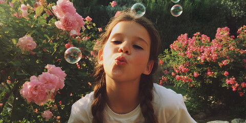 Joyful Girl Blowing Bubbles in a Vibrant Garden