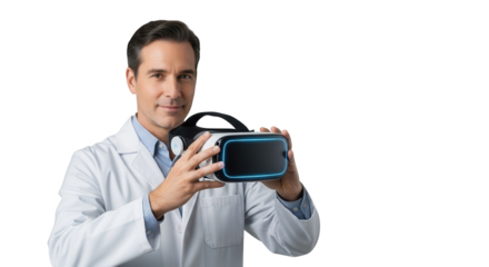 Scientist wearing lab coat demonstrating virtual reality headset technology for immersive digital experiences and augmented reality