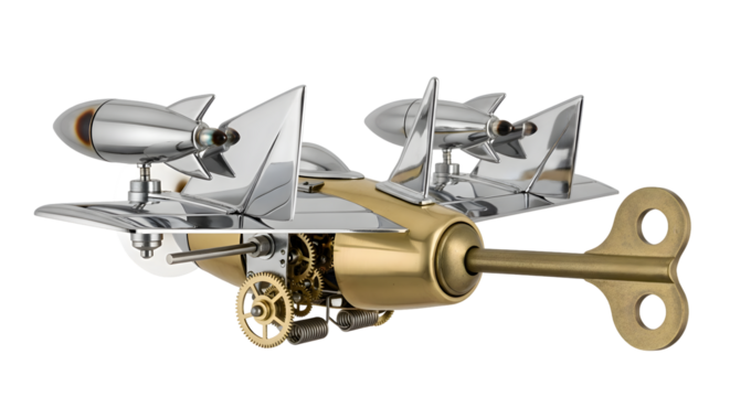Steampunk rocket airplane sculpture with wind-up key and exposed gears, a retro-futuristic marvel