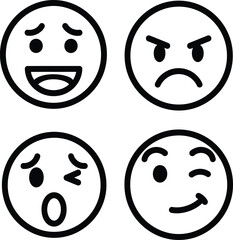 Emoji and Emoticon Vector Icons Set. Outline Illustrations of Happy, Angry, Surprised, and Winking Faces. Perfect for Expressing Mood, Feelings, and Communication.