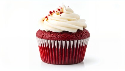 A delicious red velvet cupcake with white frosting and red sprinkles on a white background.