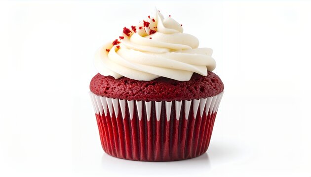 A delicious red velvet cupcake with white frosting and red sprinkles on a white background. - Powered by Adobe