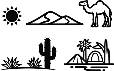 Desert and Oasis Vector Icons Set. Outline Illustrations of a Sun, Sand Dunes, Camel, Cactus, and Tent. Perfect for Travel, Adventure, and Hot Climates.