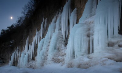 Stunning Ice Formations on a Cliff Face Under Moonlight