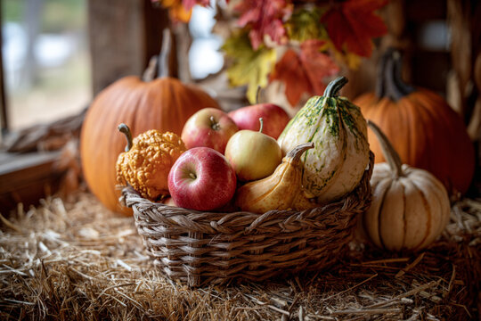 Colorful autumn harvest display featuring pumpkins and assorted fruits in a rustic setting with straw - Powered by Adobe
