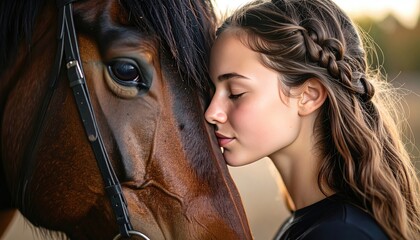 Fototapeta premium Girl gently nuzzles a brown horse's face; soft sunlight illuminates the scene, highlighting the bond between human and animal with warmth