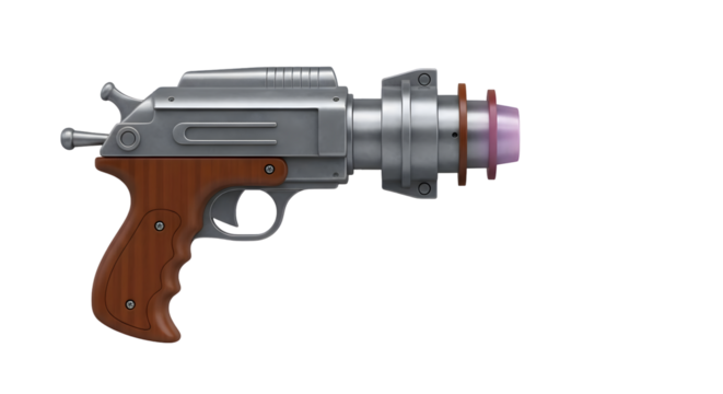 Retro sci-fi ray gun with wooden grip and futuristic metallic barrel design