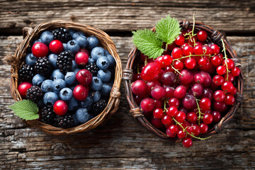 Freshly picked berries in rustic baskets on wooden table ready for summer desserts and snacks