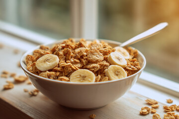 Healthy breakfast bowl with granola and banana slices on a sunny kitchen windowsill