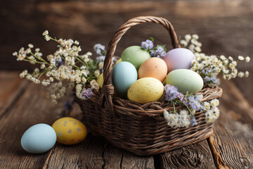 Colorful Easter eggs nestled in a woven basket with fresh flowers on a rustic wooden surface