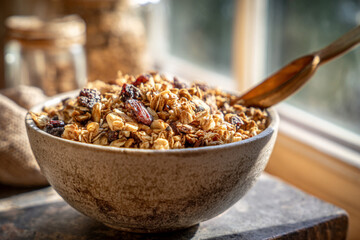 Delicious homemade granola in a rustic bowl placed near a sunny window in a cozy kitchen