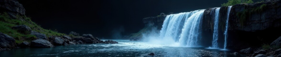Isolated powerful waterfall, cascading water against black backdrop, splash, background, stream