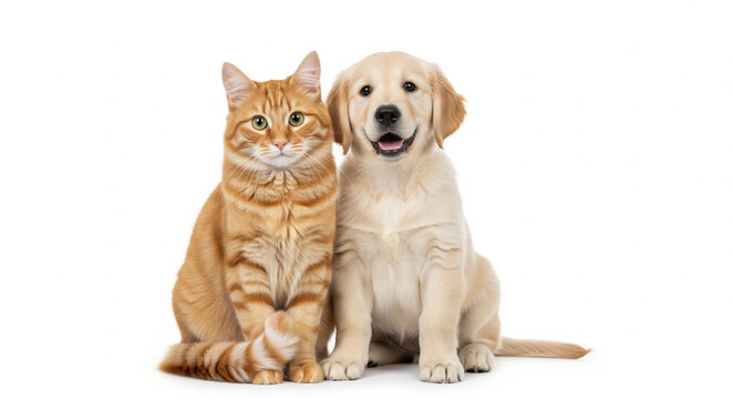 Happy ginger cat and Golden Retriever puppy sitting together affectionately on an isolated transparent background.