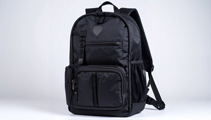 Naklejka premium A modern black nylon backpack with multiple compartments and pockets, shot in a studio against a plain white background.